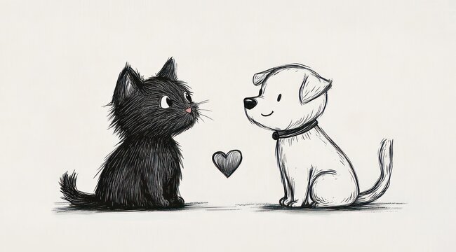 black kitten and white puppy sitting face to face on a simple background with a small heart, playful affectionate sketch