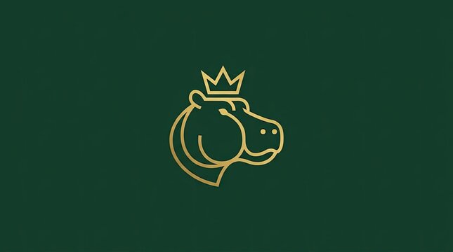 Golden hippo head wearing crown on green background
