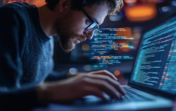 focused person typing on a laptop with colorful lines of code on the screen in a dim bokeh-lit workspace, concentrated late-night coding session