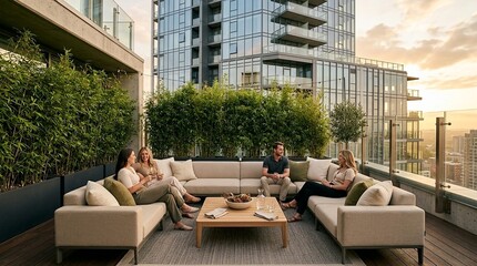 Fototapeta premium City rooftop terrace with friends relaxing on sofa, modern cityscape view