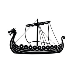 Viking longship silhouette with dragon head prow, ancient nordic drakkar boat vector, black and white medieval sailing vessel icon for history branding © Saber