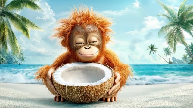 Adorable baby orangutan holding coconut on tropical beach