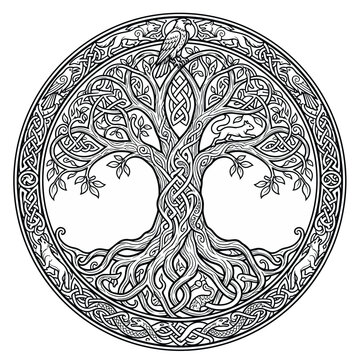 Celtic Tree of Life Yggdrasil vector, Norse mythology world tree with intricate knotwork, mystical sacred oak emblem for tattoo and occult design