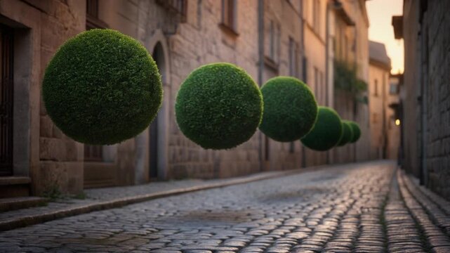 whimsical floating topiary balls rolling down historic cobblestone street