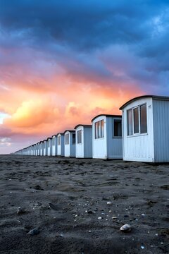 beach huts at sunset