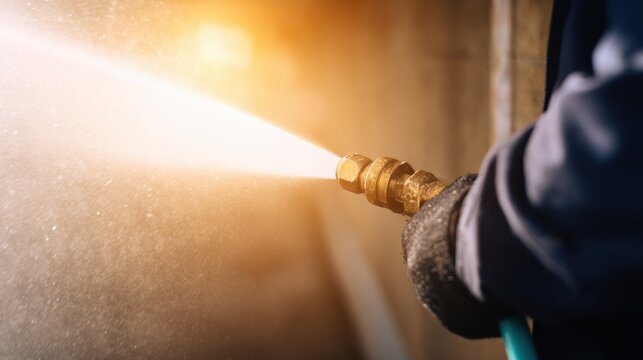 A person operates a high-pressure water hose, spraying water against a textured surface
