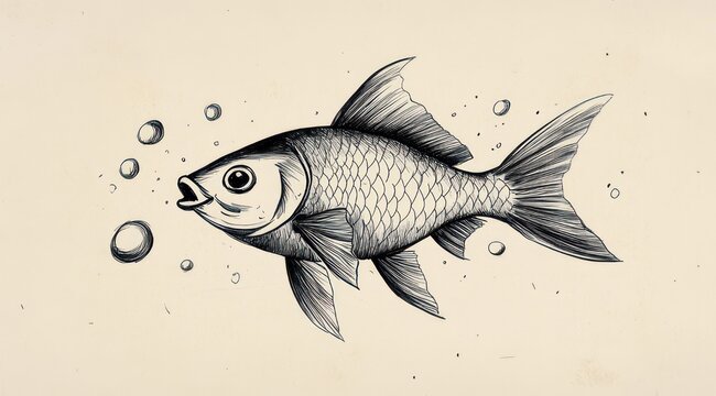 ink sketch of a solitary fish with detailed scales and flowing fins blowing bubbles on a textured beige background, calm curious expression