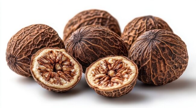 Cluster of whole wrinkled brown nutmegs with two halved seeds showing intricate interior on a clean white background, evoking earthy, warm, rustic feeling