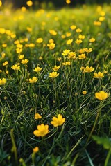 Obraz premium Sunlit field of small yellow wildflowers and green grass conveying calm, warmth and a cheerful spring mood