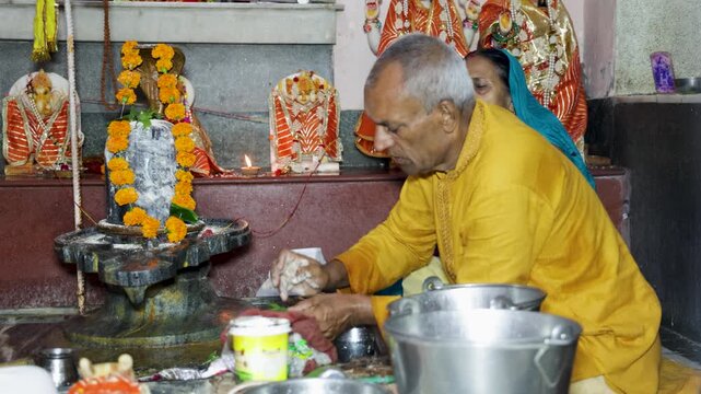 Hindu devotee Offering Belpatra (Bilva leaves) to Lord Shiva on shivaratri shiva worship