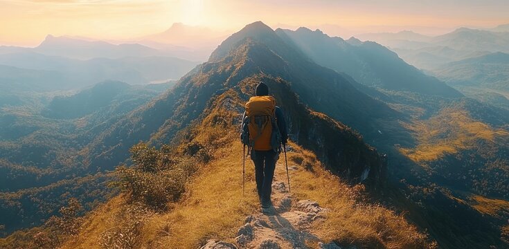 Solitary hiker with yellow backpack and trekking poles traversing a narrow sunlit mountain ridge toward distant peaks at golden hour, evoking awe and peaceful determination