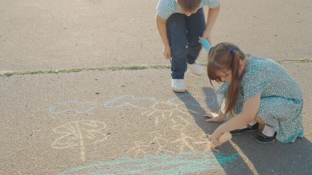Kid child baby boy girl happy family, child dream, Artistic collaboration of kids, sidewalk stage set, chalk comes to life, happiness through drawing, friends and fun unite, colorful sunny moment