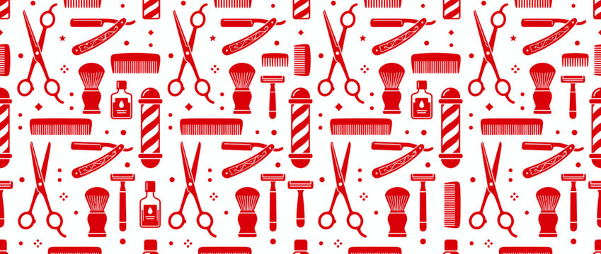 Barber Shop Tools Seamless Pattern Red Icons
