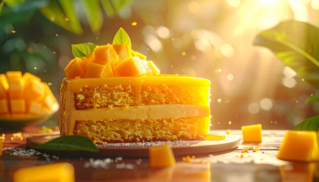 Tropical mango cake in bright sunlight macro closeup