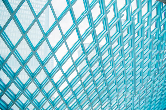 Glass ceiling and steel framework inside the Seattle public library 