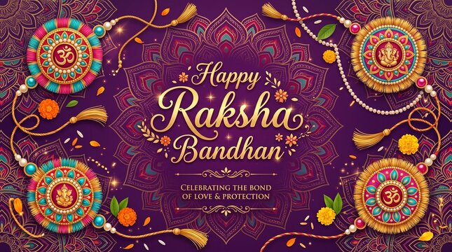 Beautiful gold raksha bandhan greeting card with color background.