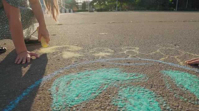 Kid child baby boy girl happy family, child dream, Chalk art by young dreamers, Earth filled with yellow people, Holding hands around the world, Kids work side by side, Drawing love not borders
