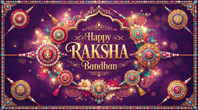 Beautiful gold raksha bandhan greeting card with color background.