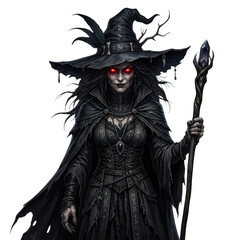 Fototapeta premium Halloween witch with long hair and red eyes flying on broomstick at night