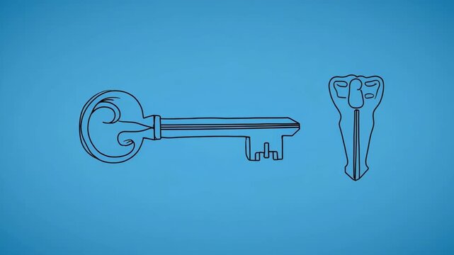 Vintage skeleton key and lock icon moving against a soft blue gradient background