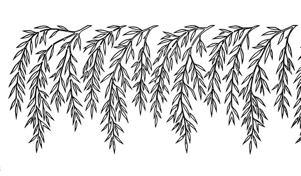 Hanging willow branches stencil pattern traditional botanical border design flat vector template