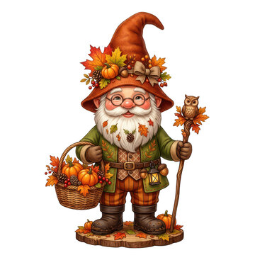 Cartoon brown gnome with lantern standing and holding a sack of gifts