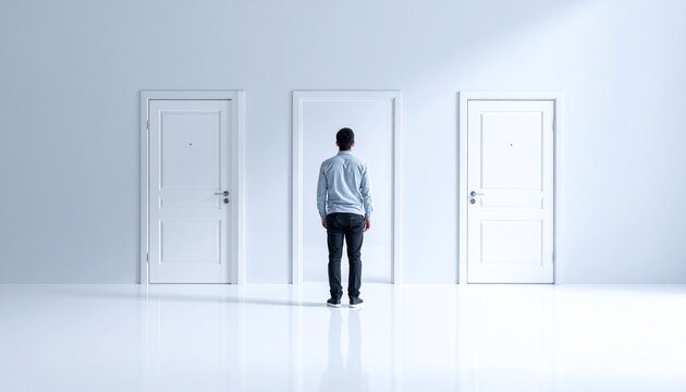 A man stands before three doors in a bright minimalist room, contemplating his options. The open center door symbolizes hope, new opportunities, and critical career decisions.