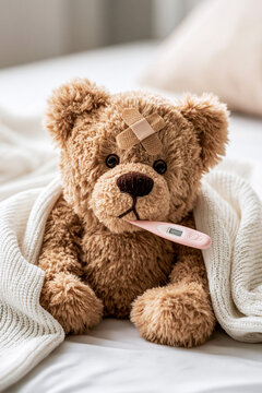 A brown teddy bear, with a pink digital thermometer in its mouth and crossed adhesive bandages on its forehead.