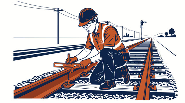 Railway technician inspecting tracks illustration with technician, railroad