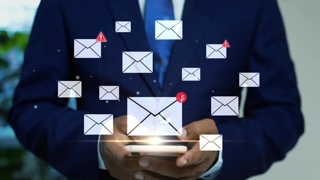 Hand using smartphone with holographic phishing email warning interface, Businessman checking email notification on smartphone