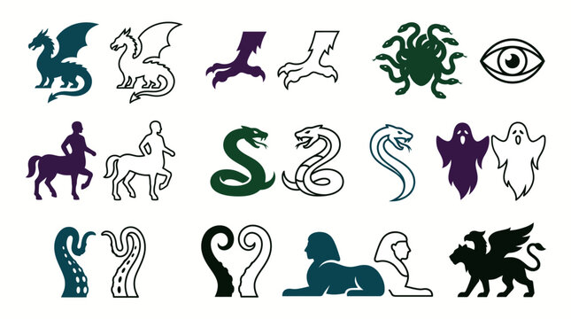 Halloween Mythical Creature Icon Set Flat Vector Symbol Fantasy Monster EPS SVG Isolated White Background