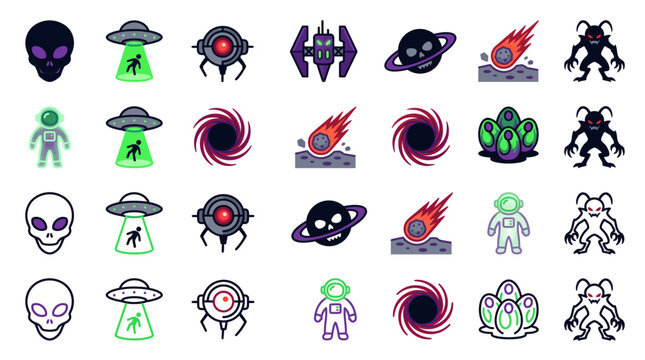 Halloween Space Alien Dark Universe Icon Set Flat Vector Symbol Sci-Fi Horror EPS SVG Isolated White Background