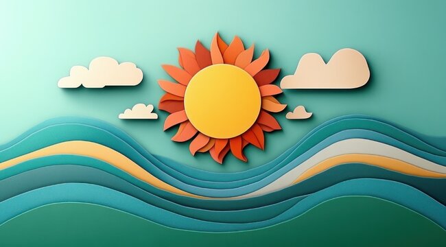 playful paper-cut scene of a bright orange sun with petal-like rays above layered teal and blue rolling waves and soft white clouds, cheerful and calm