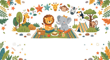 Fototapeta premium A whimsical vector illustration featuring a group of cute safari animals enjoying a delightful picnic and camping adventure in a lush forest.