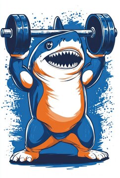 Anthropomorphic shark lifting a heavy barbell overhead with a fierce grin, muscular body and energetic paint splatter background