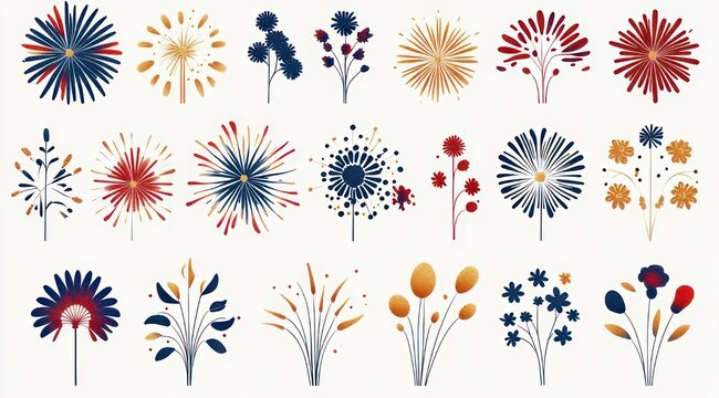whimsical set of stylized floral and burst motifs in red blue and gold with delicate stems and radiating petals, cheerful celebratory decorative botanical icons