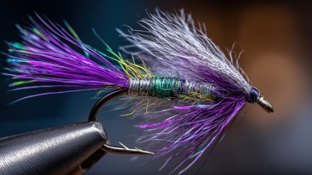 A colorful hand-made artificial fly on a fishing hook.