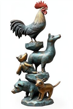Whimsical stacked animal bronze sculpture: rooster perched atop a deer-like figure above a small fox-like character, with a wolf-like and cat-like animal on a rocky base, playful and cheerful