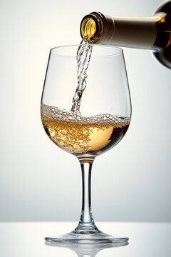 golden white wine poured from a bottle into a crystal wine glass creating bubbles and a refreshing elegant moment against a clean light background
