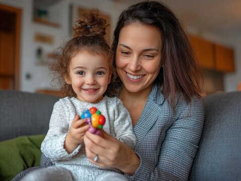 Woman and toddler share a warm, affectionate moment on a couch while playing with a colorful toy in a cozy living room