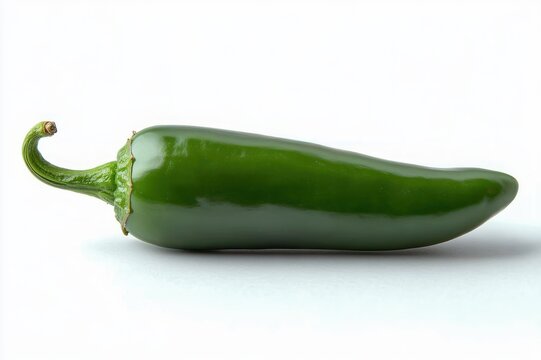 single glossy green jalape&ntilde;o pepper lying on white background, fresh and vibrant