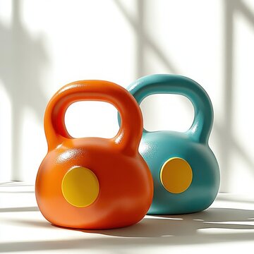 pair of colorful kettlebells on a sunlit floor conveying an energetic, playful workout mood