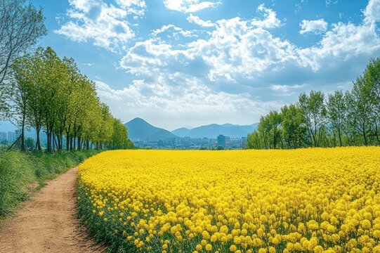 sunny countryside path beside a vast yellow flower field with rows of trees, distant city and mountains under a bright blue sky, serene and joyful atmosphere