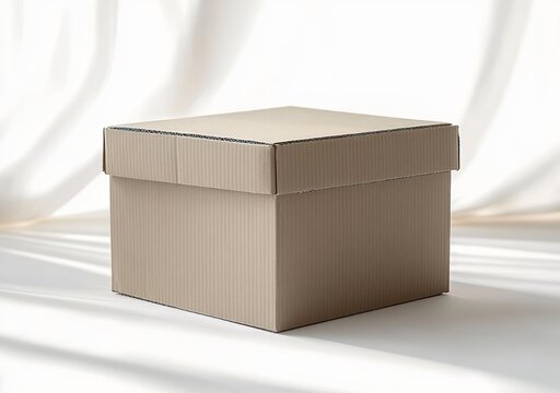 plain corrugated cardboard box with lid on a soft neutral fabric backdrop, gentle studio light and calm minimalist mood with soft shadows