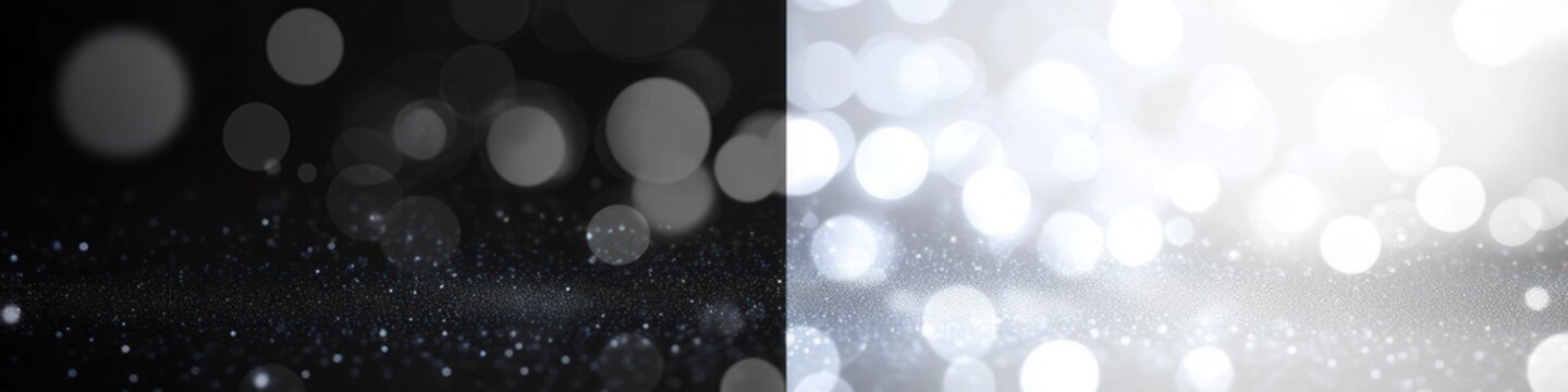 Split dark and light bokeh background with shimmering glitter particles and soft circular light orbs conveying a calm, ethereal contrast