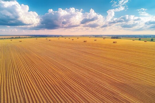 Expansive golden wheat field with neat crop rows and scattered round hay bales under a blue sky of dramatic fluffy clouds, evoking a serene peaceful countryside