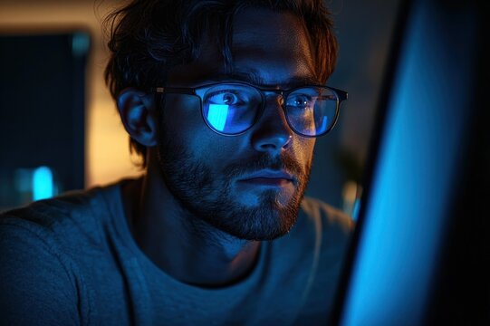 Person wearing glasses leaning toward a glowing computer monitor in a dim room, face obscured by a dark square, bathed in blue screen light, focused and tired