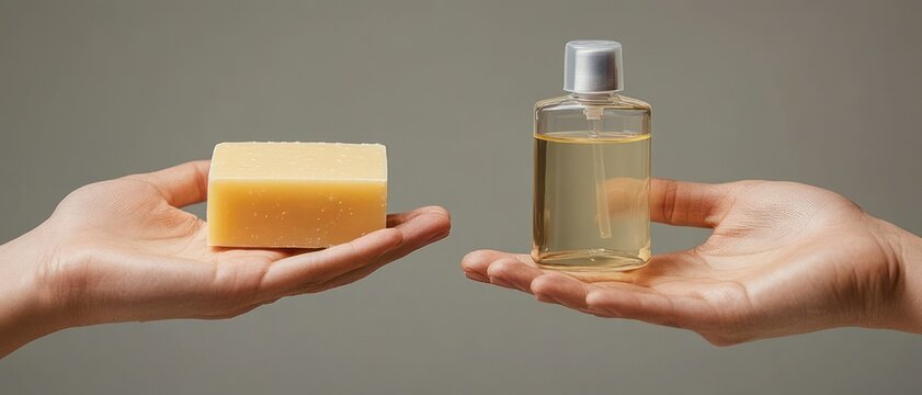 two hands offering a rectangular bar of soap and a clear bottle of liquid on a neutral background, conveying calm cleanliness and a choice between products