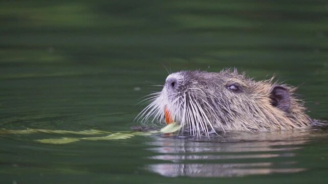 Nutria, also called coypu, swims at the surface of green river water with whiskered snout and orange teeth visible, useful for wildlife, invasive species or wetland ecology themes.
