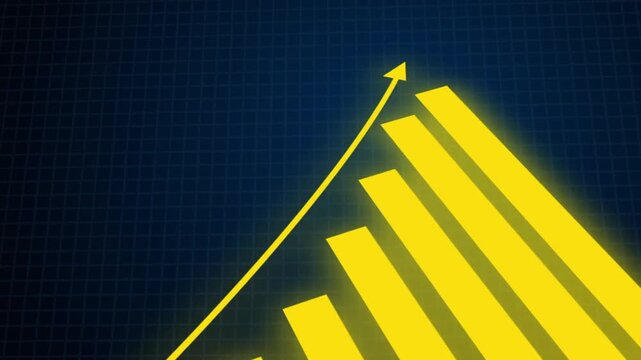 Abstract motion graphics animation of a glowing yellow 3D bar chart and rising arrow representing financial success, business growth, stock market profits, and economic development.